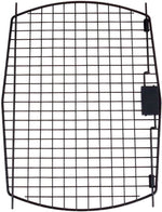 Black curved kennel door with wire grid and right-side latch mechanism
