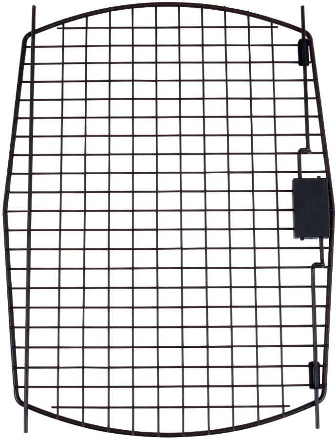 Black curved kennel door with wire grid and right-side latch mechanism