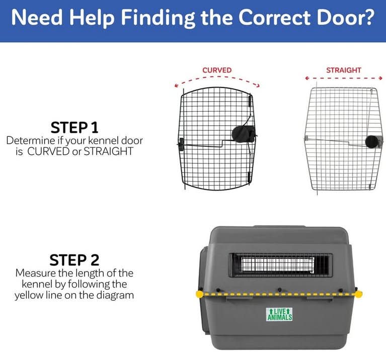 Kennel door sizing guide showing curved and straight panels with measuring line