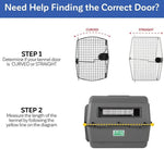 Kennel door sizing guide showing curved and straight panels with measuring line