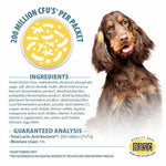 Probiotic supplement powder box ingredient panel with guaranteed analysis and QC seal