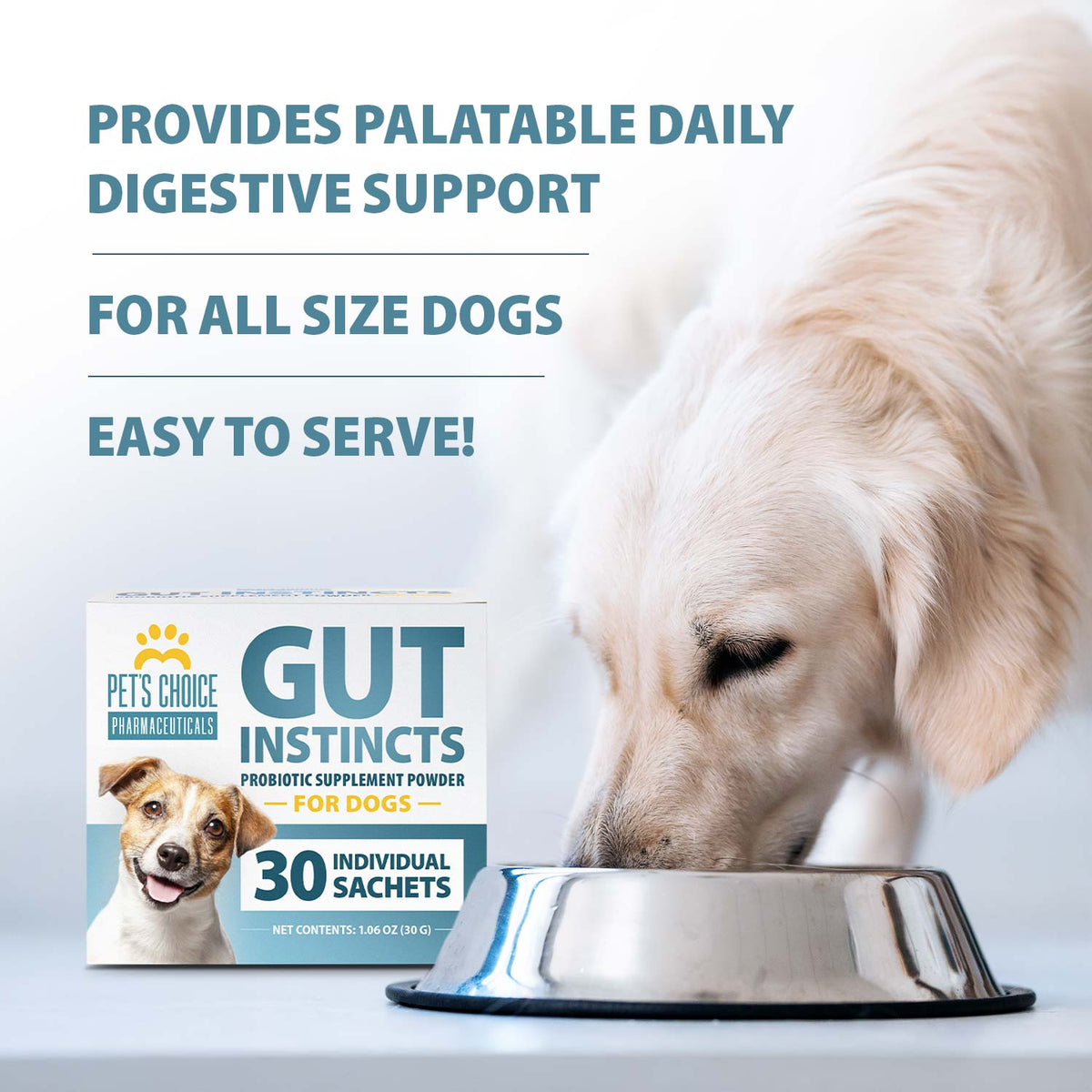 Gut Instincts probiotic powder box next to dog bowl, easy to serve