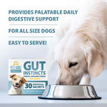Gut Instincts probiotic powder box next to dog bowl, easy to serve