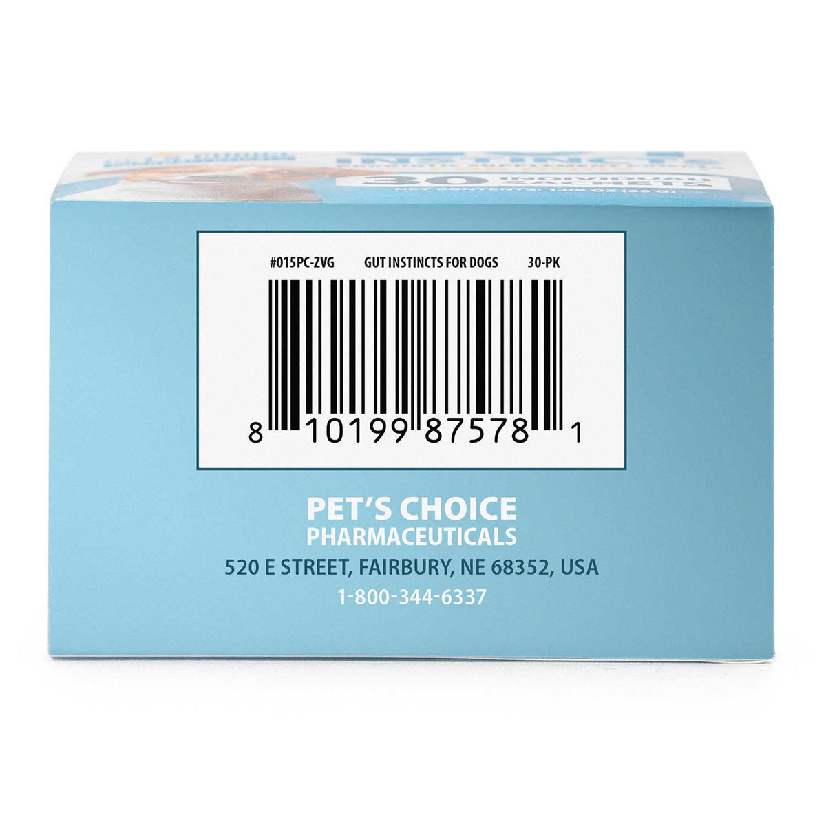 Gut Instincts box back with barcode label and Pet's Choice Pharmaceuticals address