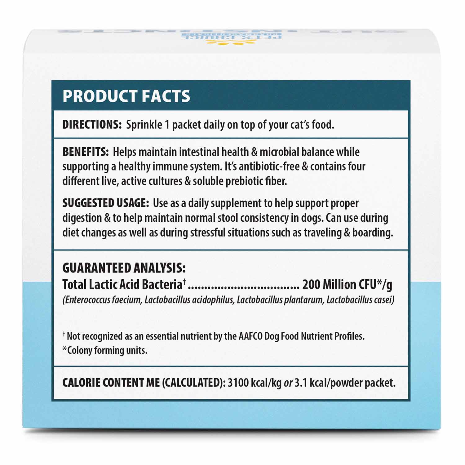 Cat probiotic supplement powder box, product facts and guaranteed analysis panel