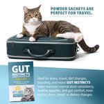 Cat probiotic powder sachets for travel, shown with cat on travel case and box