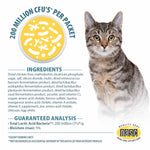 Cat probiotic supplement ingredients and analysis panel with gray cat face