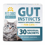 Cat probiotic supplement powder box, 30 individual sachets, with gray cat photo