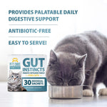 Cat probiotic supplement box with digestive support text, shown with gray cat and bowl