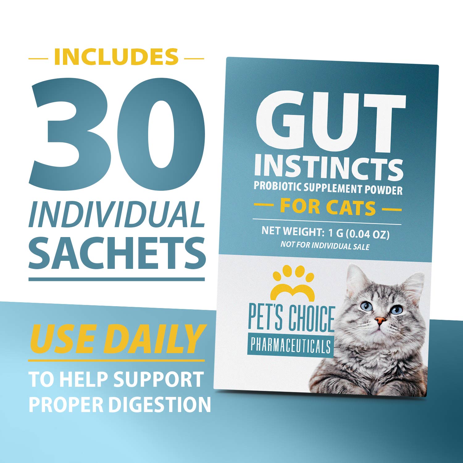 Cat probiotic supplement powder box, 30 individual sachets, digestive support text