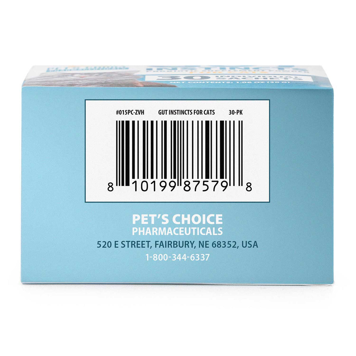 Cat probiotic supplement powder box back, barcode and manufacturer address label