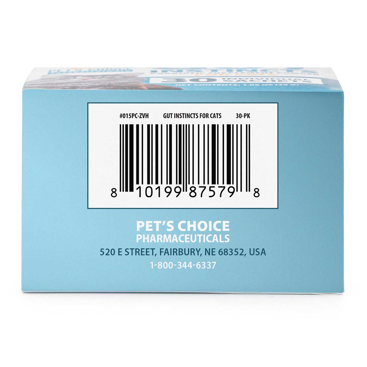 Cat probiotic supplement powder box back, barcode and manufacturer address label