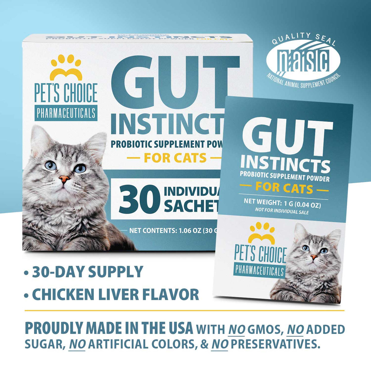 Cat probiotic supplement box with 30 individual sachets, quality seal badge shown