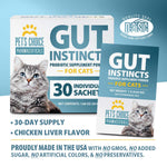 Cat probiotic supplement box with 30 individual sachets, quality seal badge shown