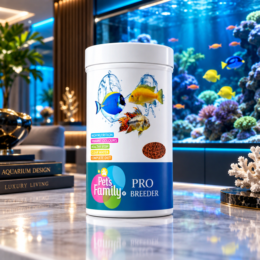 Fish multivitamin supplement jar with blue-and-yellow fish artwork and Pets Family Pro Breeder
