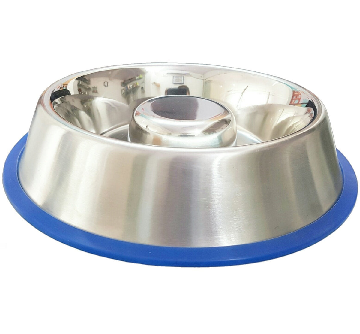 Stainless steel slow-feed dog bowl with blue silicone base and raised center insert