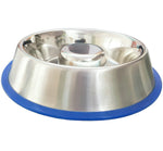 Stainless steel slow-feed dog bowl with blue silicone base and raised center insert