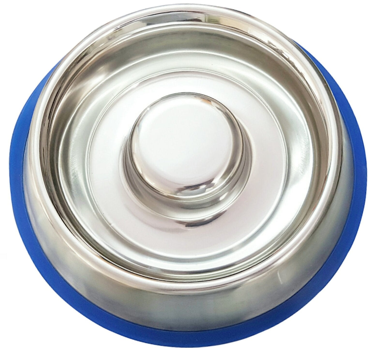 Stainless steel dog bowl viewed from above with blue silicone rim and circular insert