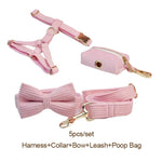Pink corduroy 5-piece set: harness, bow collar, leash, and poop bag holder