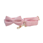 Pink corduroy bow tie collar and matching leash with gold clips