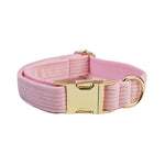 Pink corduroy dog collar with gold buckle and ring hardware