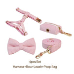Pink corduroy 4-piece set: harness, bow collar, leash, and poop bag holder