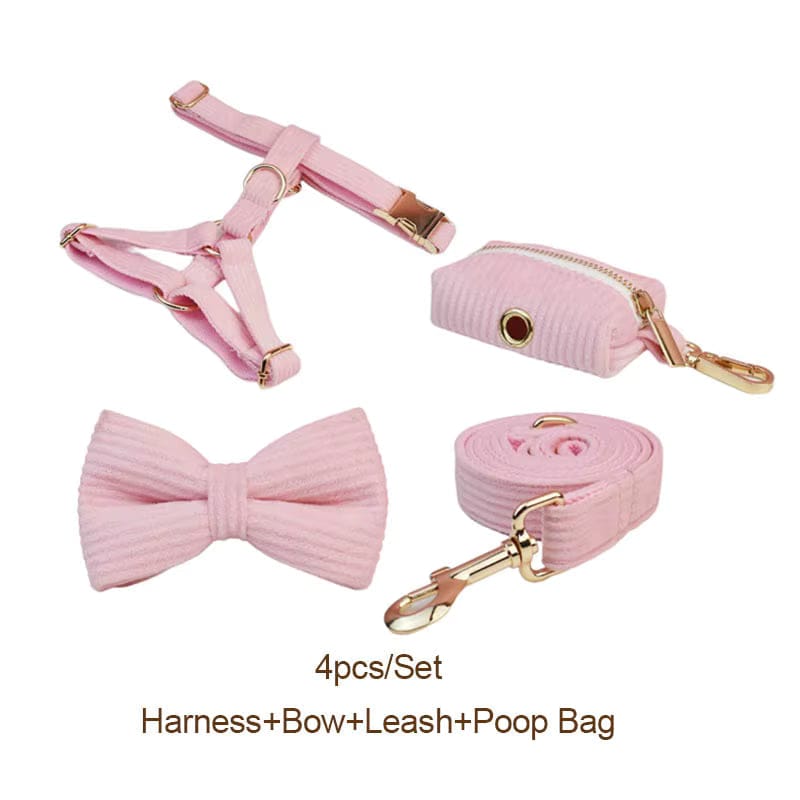 Pink corduroy 4-piece set: harness, bow collar, leash, and poop bag holder