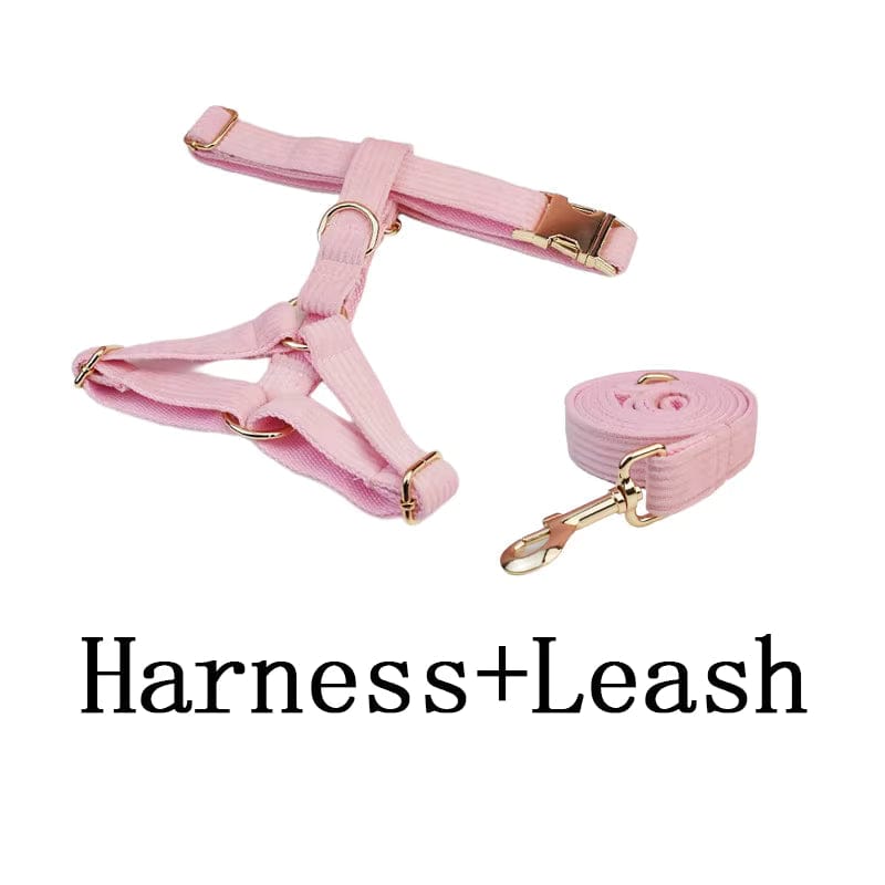 Pink corduroy dog harness, leash, and poop bag holder with gold hardware