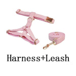 Pink corduroy dog harness, leash, and poop bag holder with gold hardware