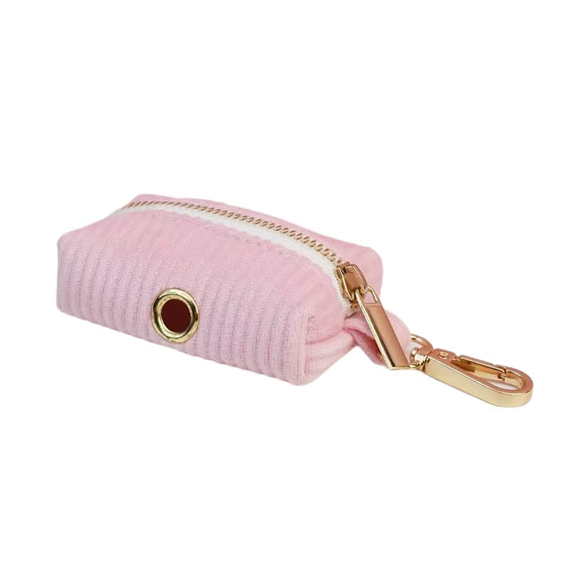 Pink corduroy poop bag holder with gold grommet and clasp