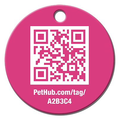 Pink round QR pet ID tag with PetHub.com/tag/A2B3C4