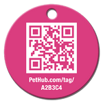 Pink round QR pet ID tag with PetHub.com/tag/A2B3C4