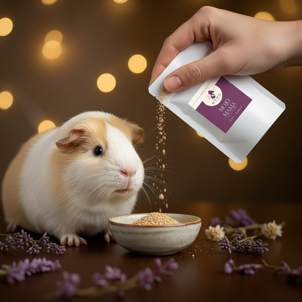 Herbal food topper pouch over small pet rabbit and bowl