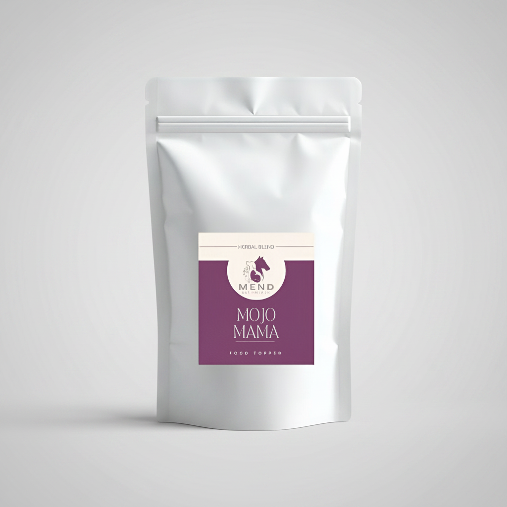 Food topper pouch, white stand-up bag with purple label front