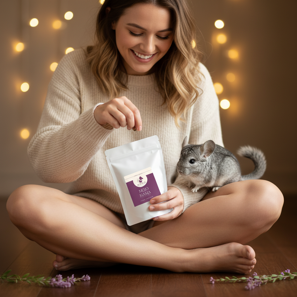 Food topper pouch in hand with small pet rabbit on lap