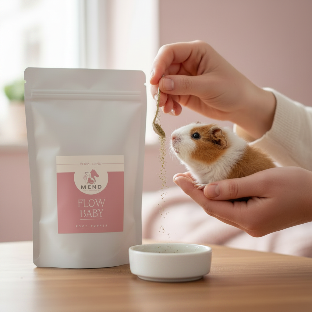 Baby herbal food topper stand-up pouch with label beside small bowl