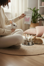 Baby herbal food topper pouch in hand beside bowl for sprinkling food