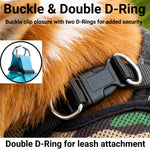 Black mesh dog harness with double D-ring leash attachment buckle