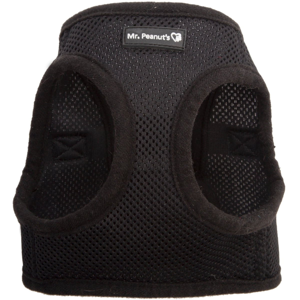 Black mesh dog harness with side openings and Mr. Peanut's logo patch