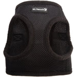 Black mesh dog harness with side openings and Mr. Peanut's logo patch