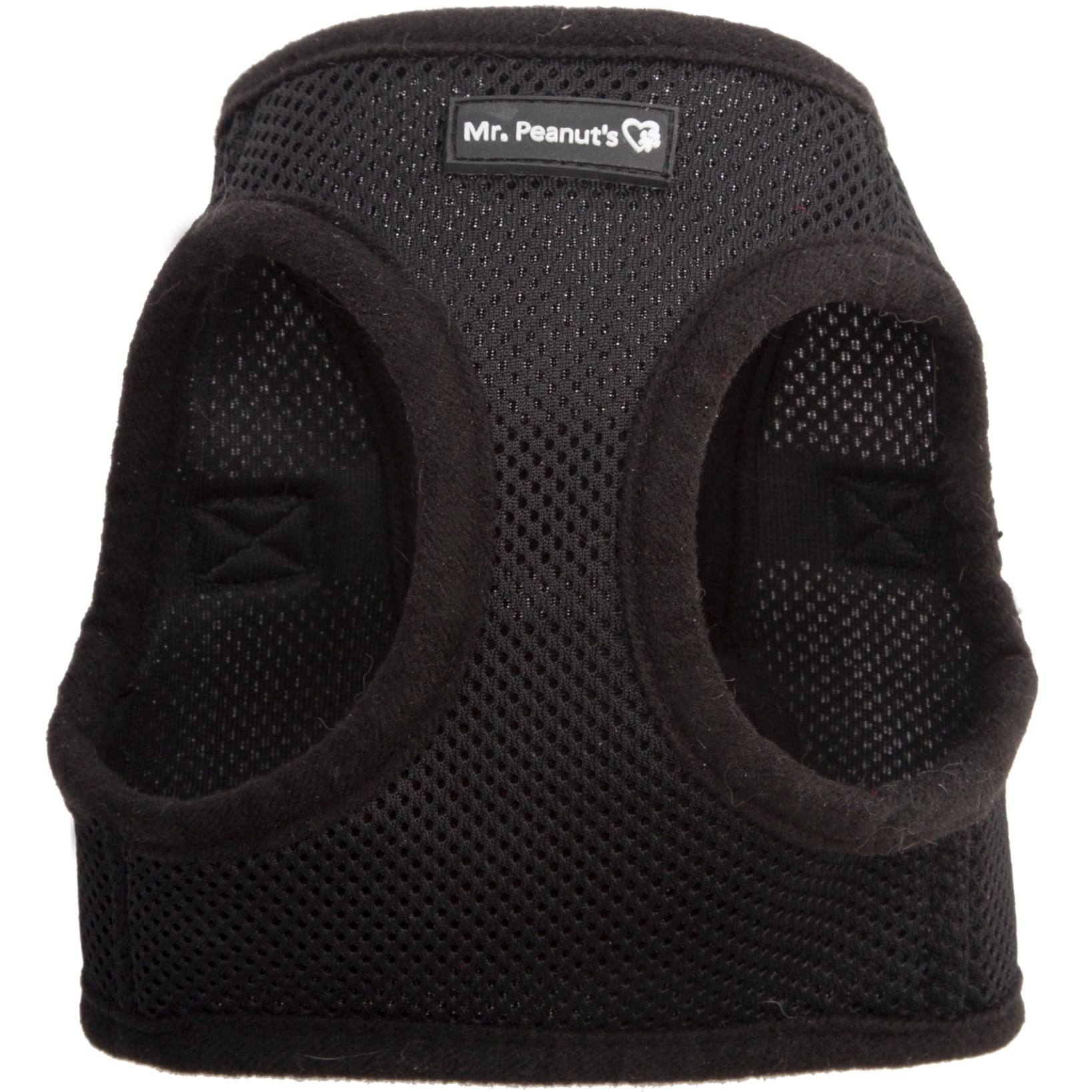 Black mesh dog harness with side openings and Mr. Peanut's logo patch