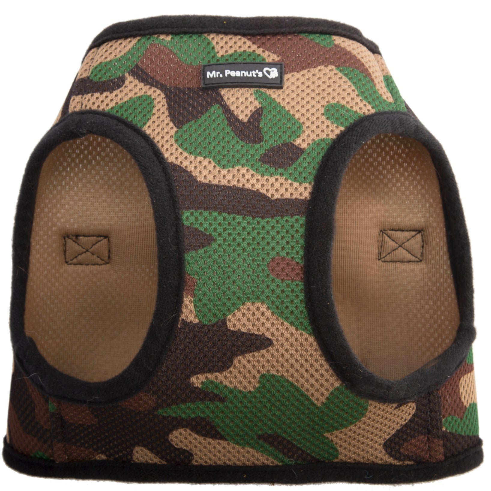 Camo mesh dog harness with side openings and black padded edges