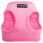Pink mesh dog harness with side openings and Mr. Peanut's logo patch