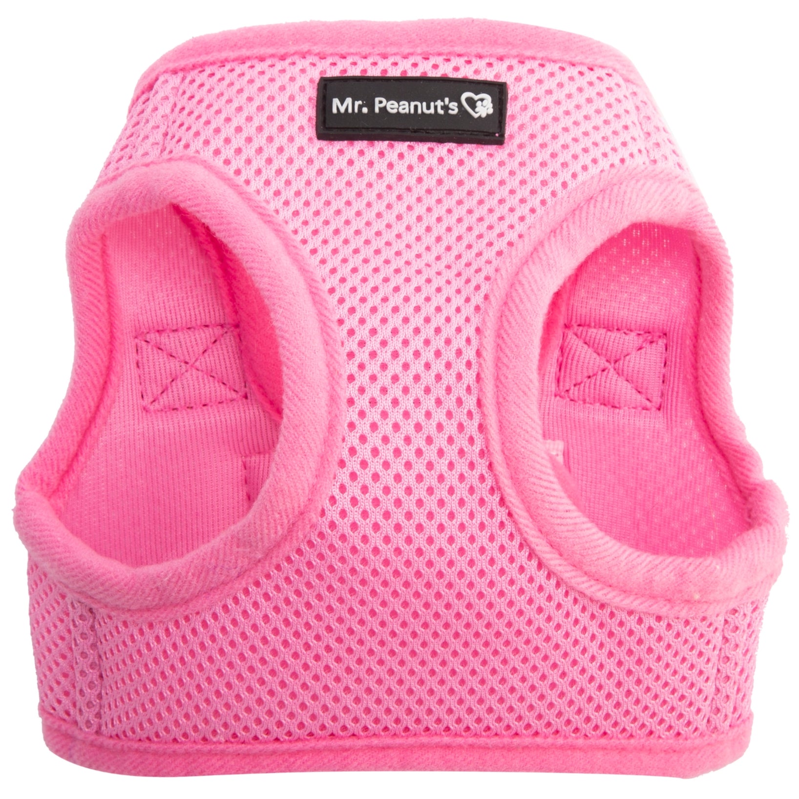 Pink mesh dog harness with side openings and Mr. Peanut's logo patch