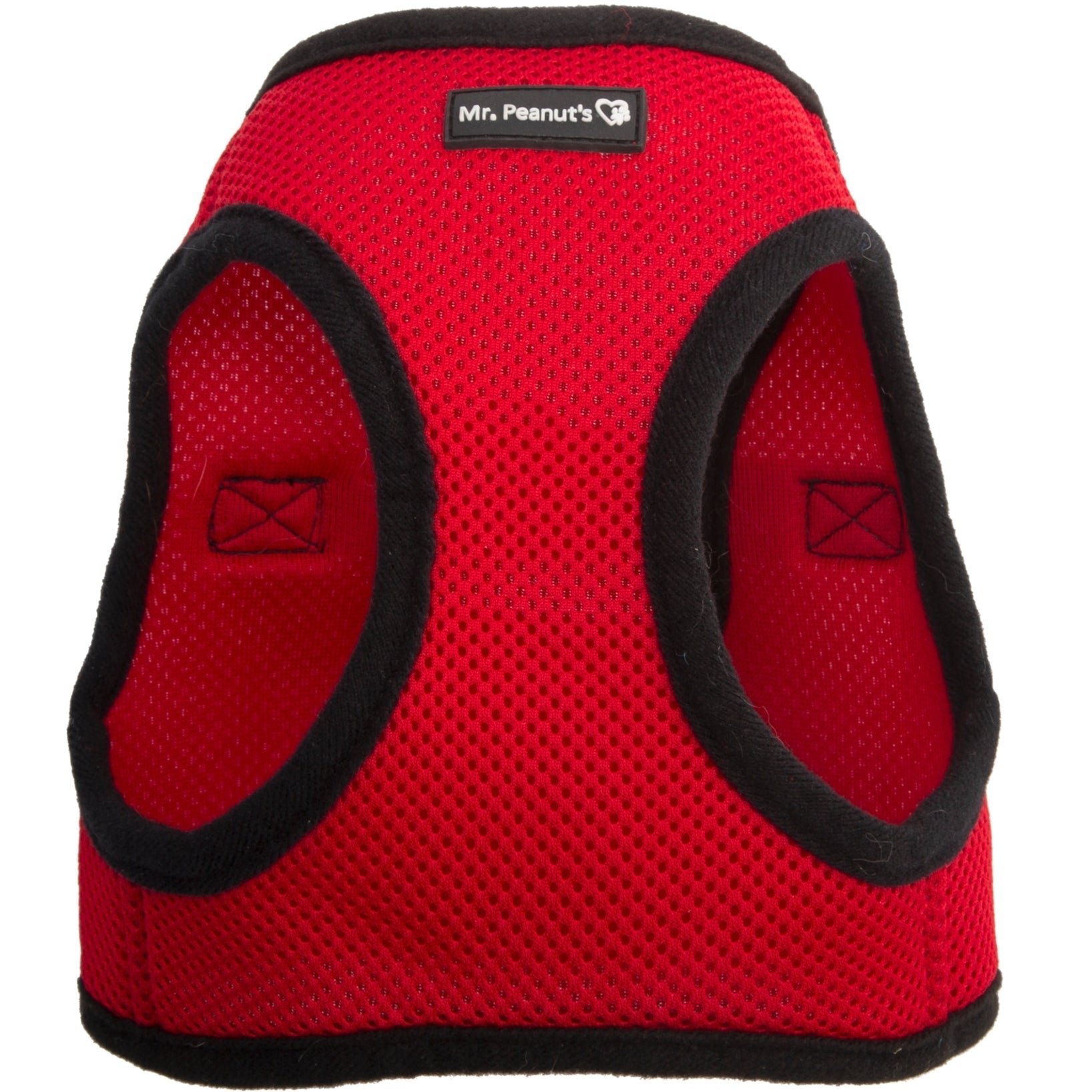 Red and black choke-free mesh pet harness with padded openings