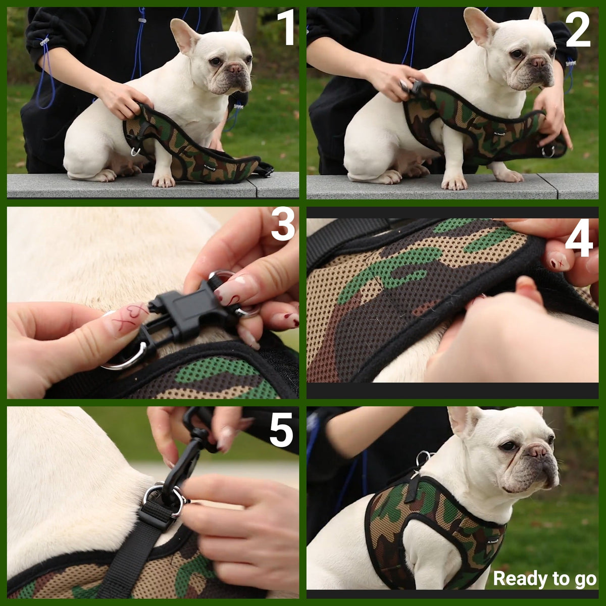 Camouflage mesh dog harness with adjustable straps on white dog