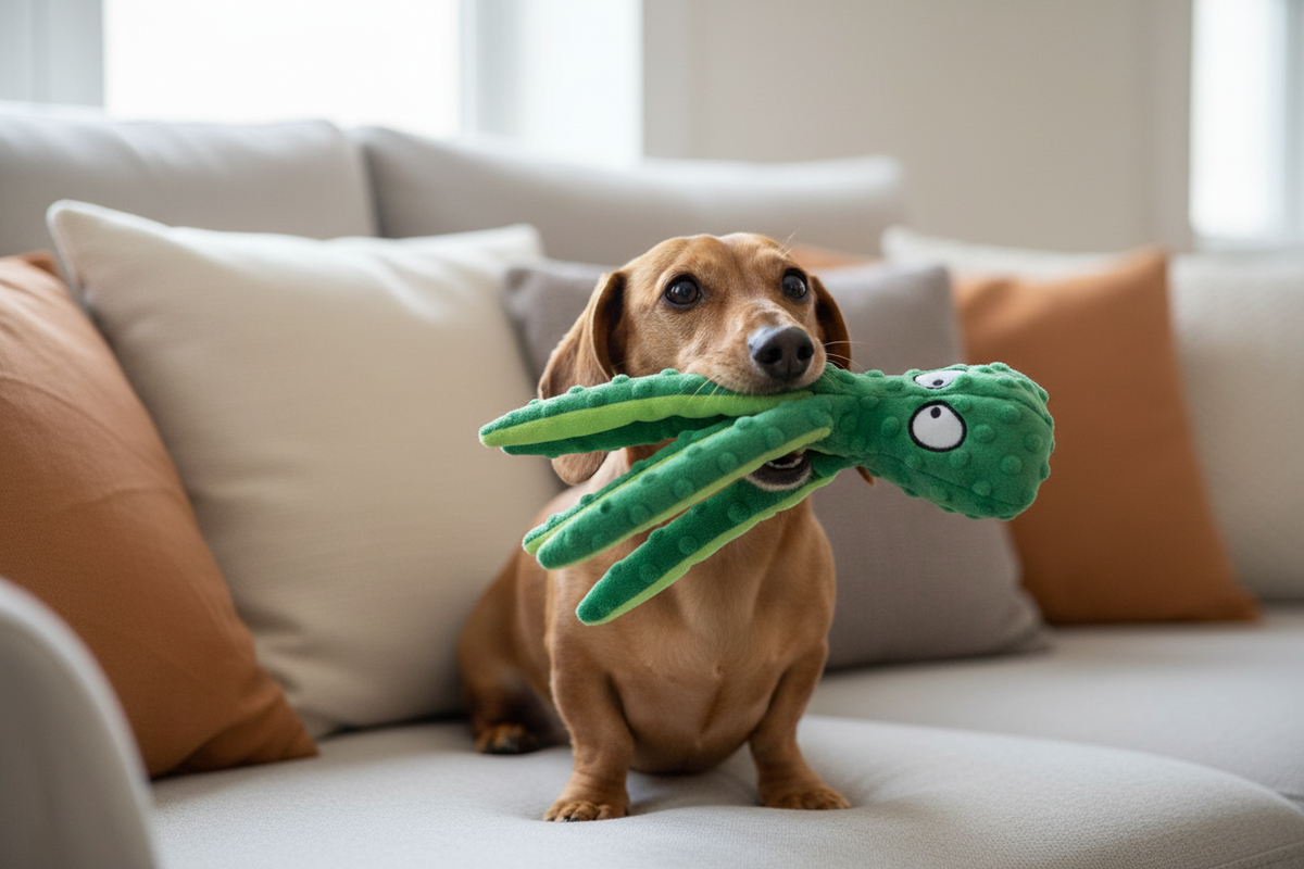 Animal-shaped rubber molar chew toy, green reptile design with textured body and eyes