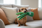 Animal-shaped rubber molar chew toy, green reptile design with textured body and eyes