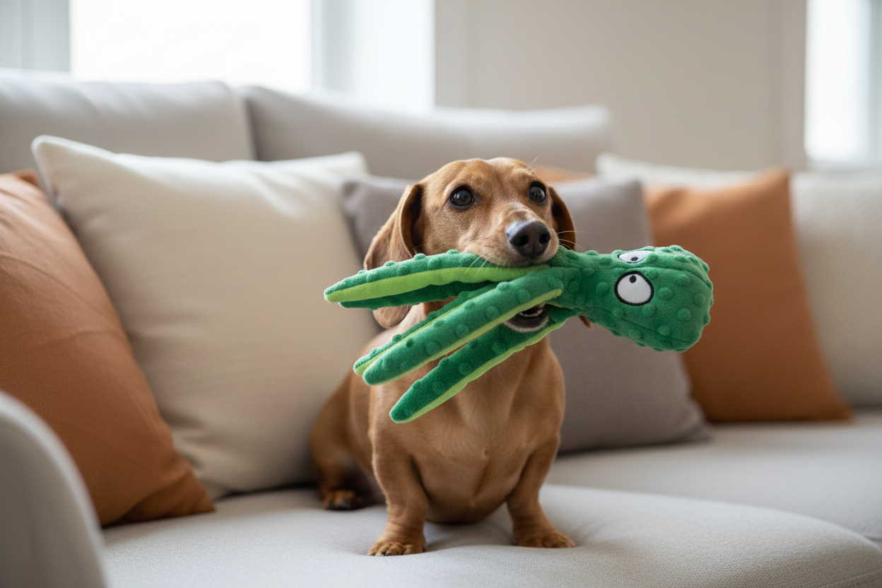 Animal-shaped rubber molar chew toy, green reptile design with textured body and eyes