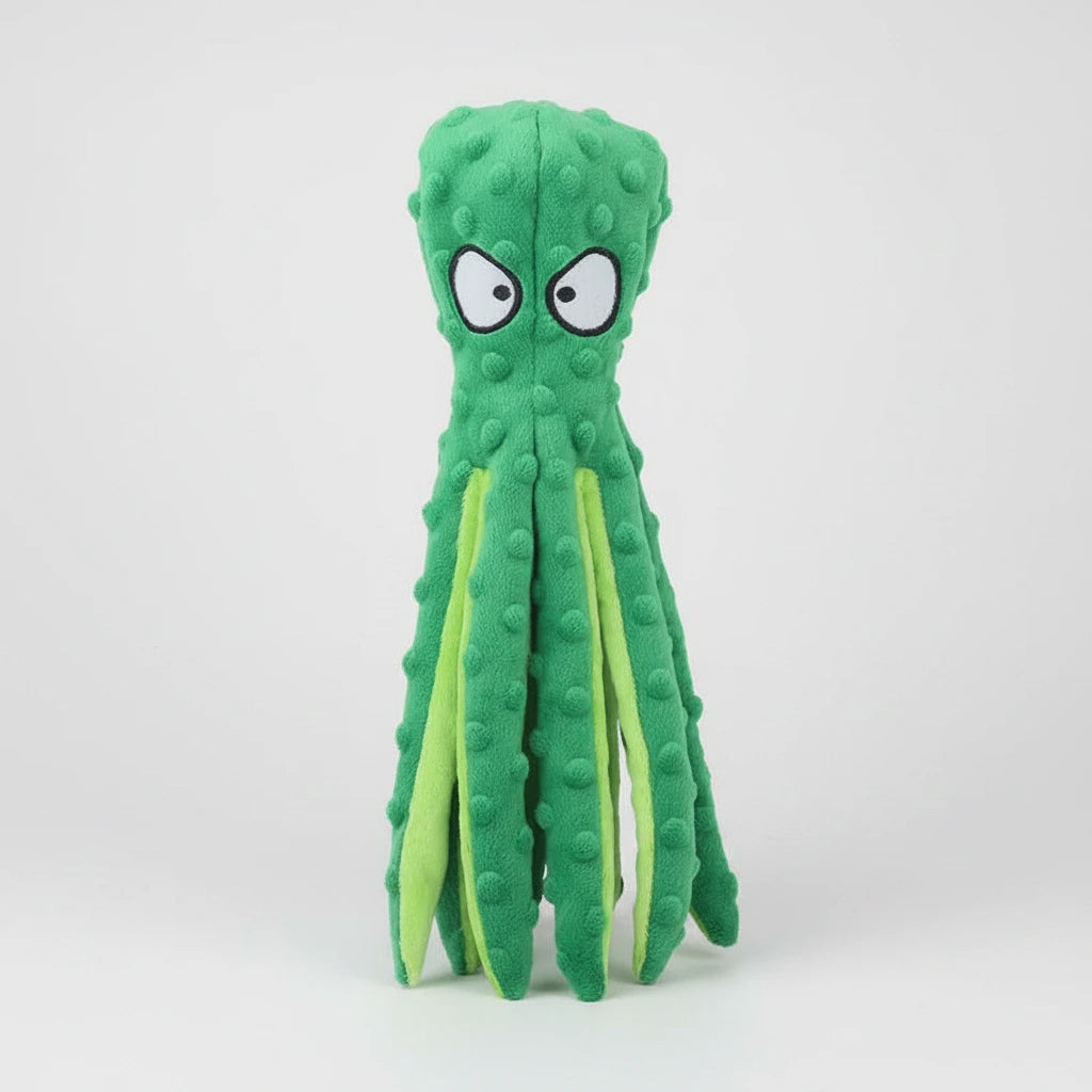 Animal-shaped rubber molar chew toy, green octopus design with textured tentacles